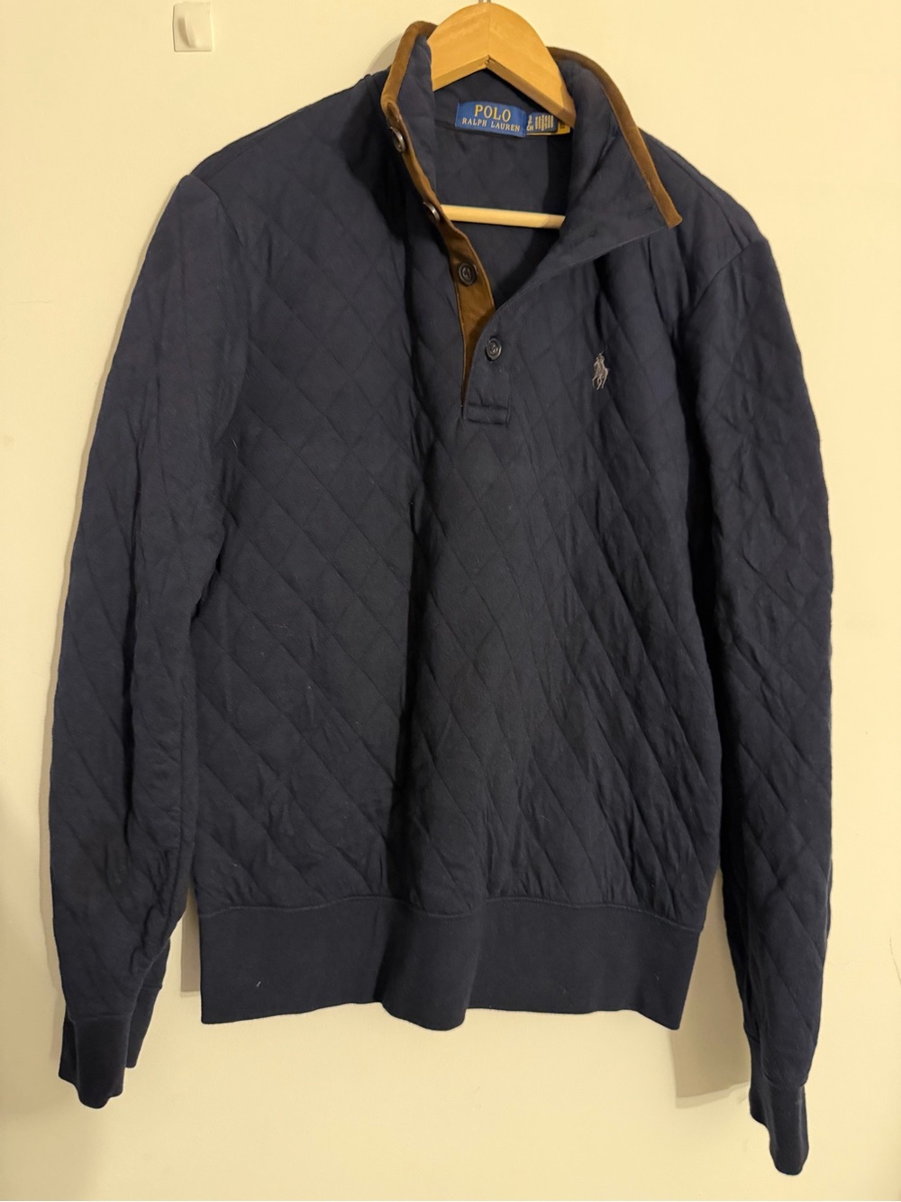 Polo by Ralph Lauren Navy Quilted Crewneck Pullover with Brown Trim